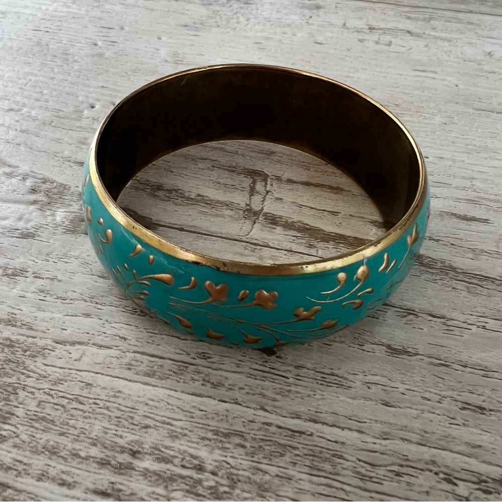 BEAUTIFUL Teal and Gold Floral Bangle Bracelet EUC! - Picture 4 of 9